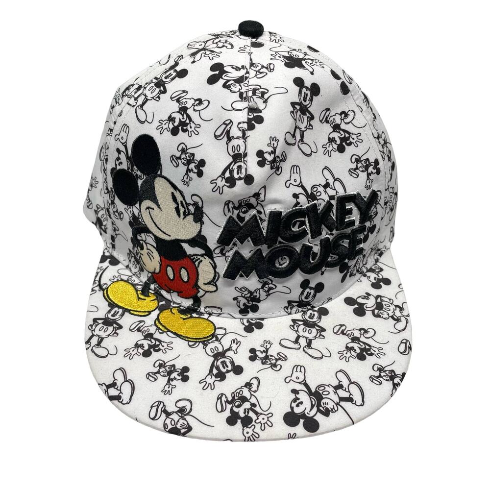 Disney Mickey Mouse Flat Brim SnapBack Hat Cap Black and White All Over Print